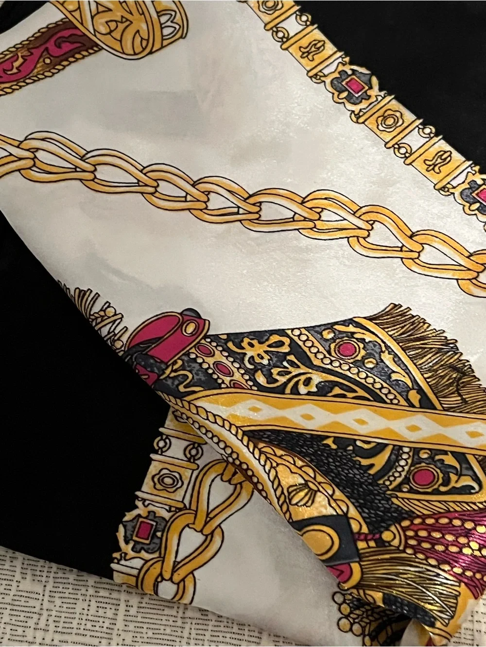 36” Scarf: Silk-Feel Baroque Print Scarf in Black, Gold & Cream